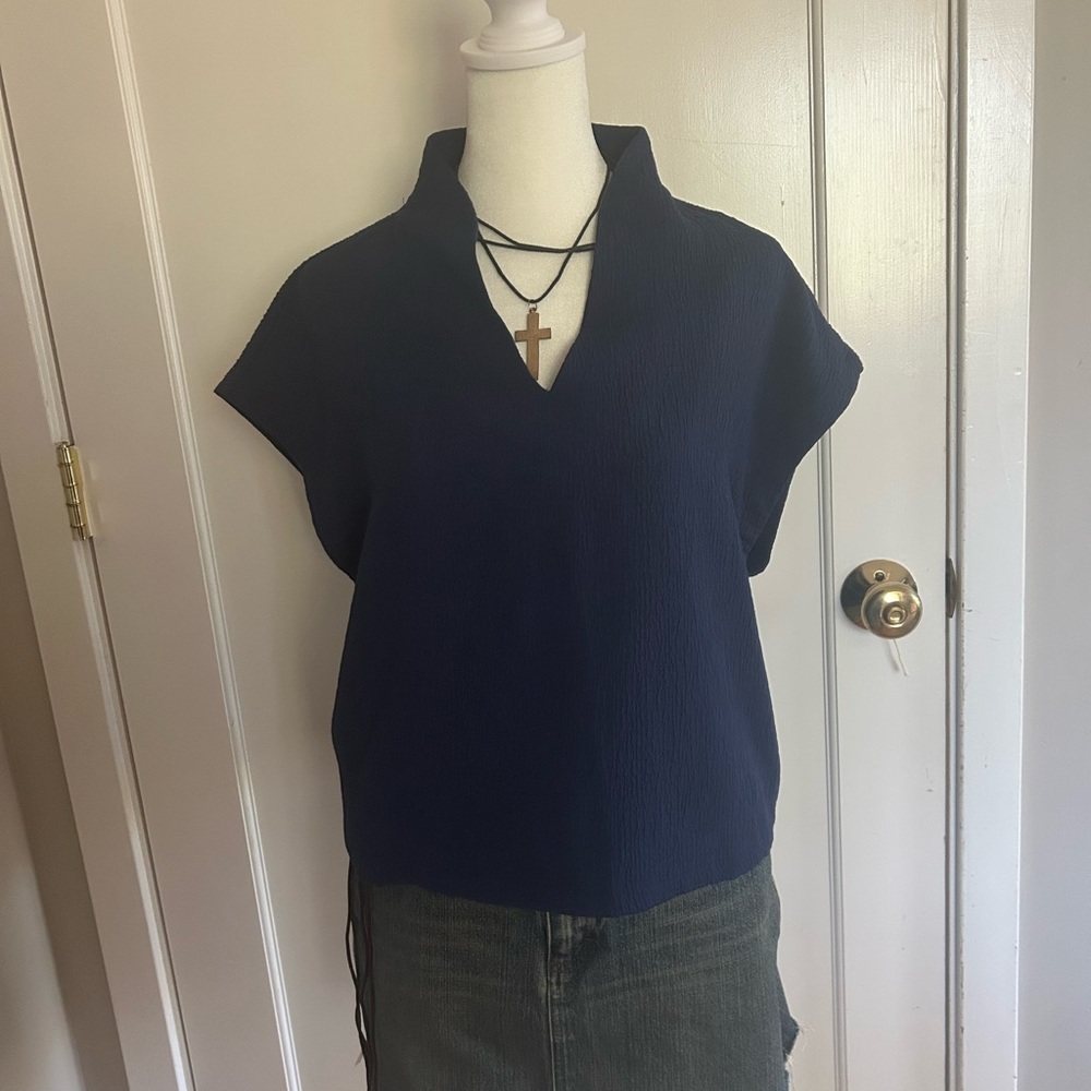 Anthropologie Deep Navy V-Neck Textured Short Sleeve Top